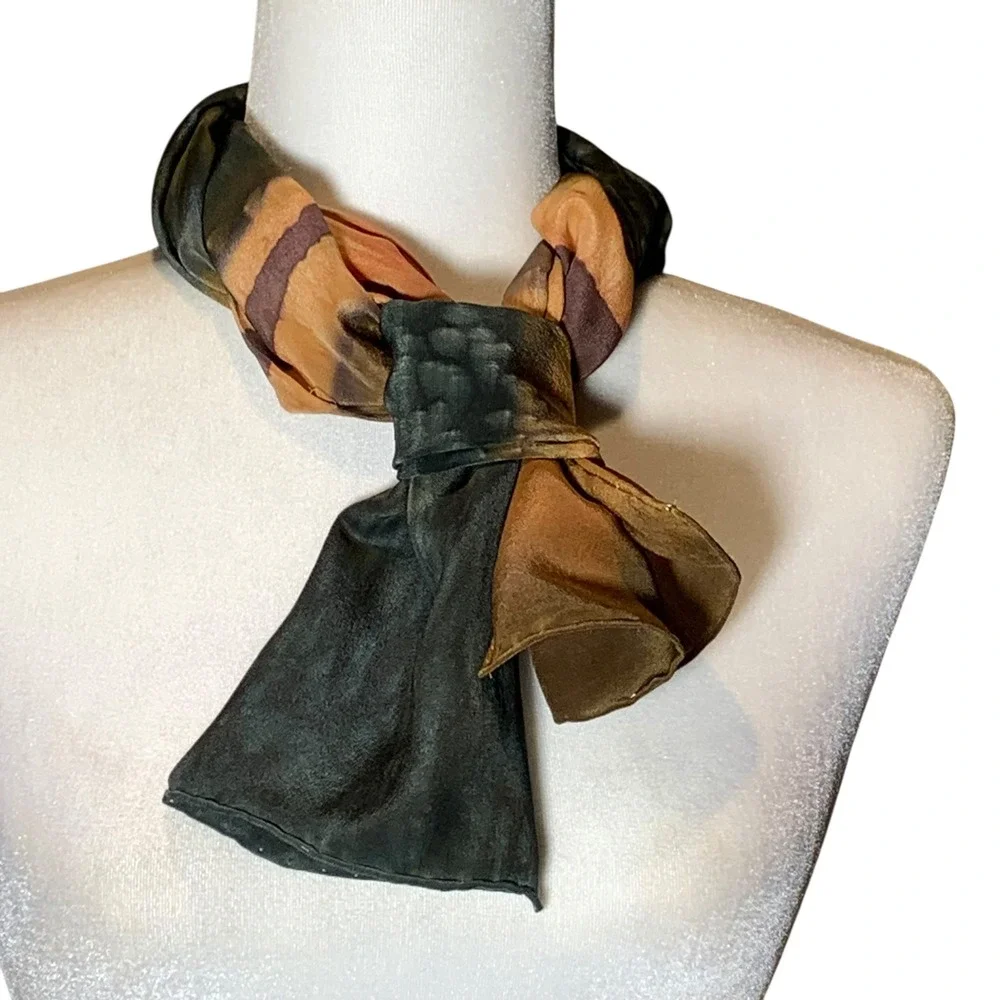 Vintage Laura Quilty Signed Silk Scarf Abstract Landscape Print Earth Tones 60